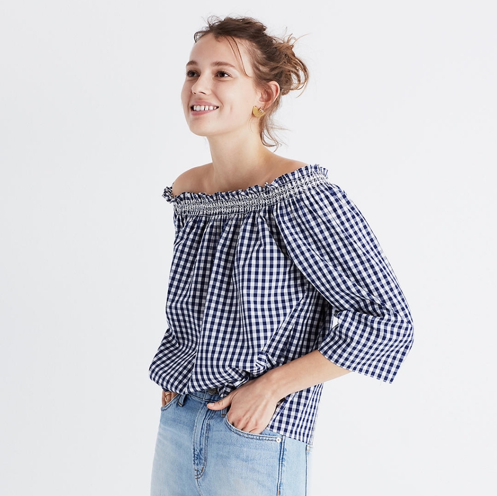 Madewell Smocked Gingham Off-the-Shoulder Top